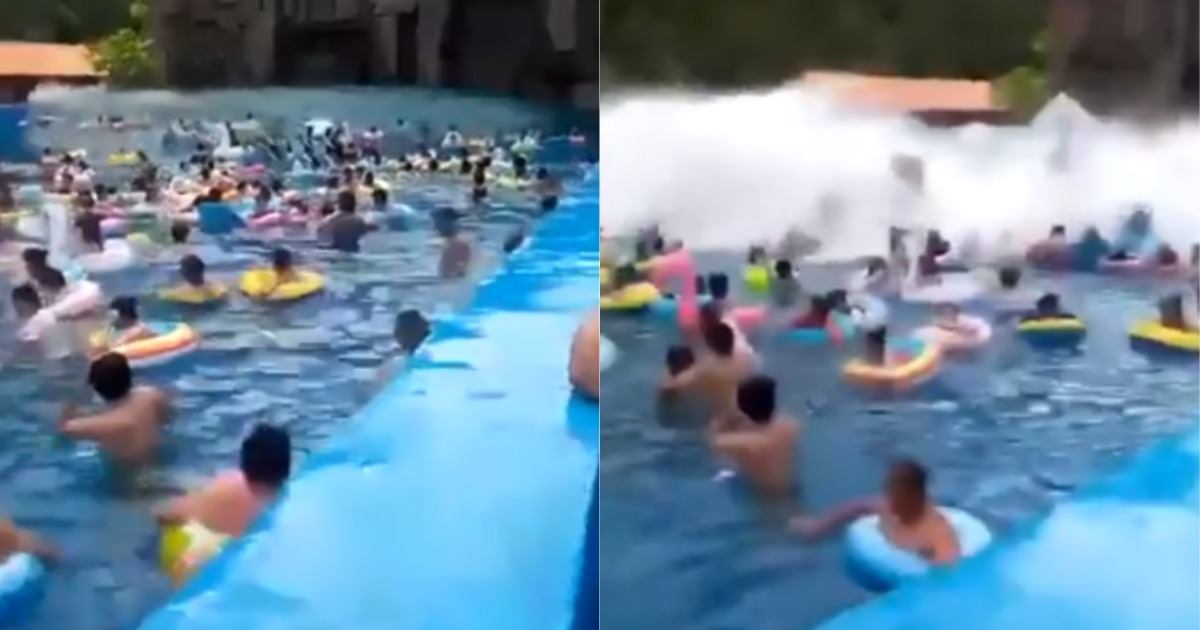 Video capta el momento en el que un tsunami artificial arrastra a un grupo de personas en parque acuático