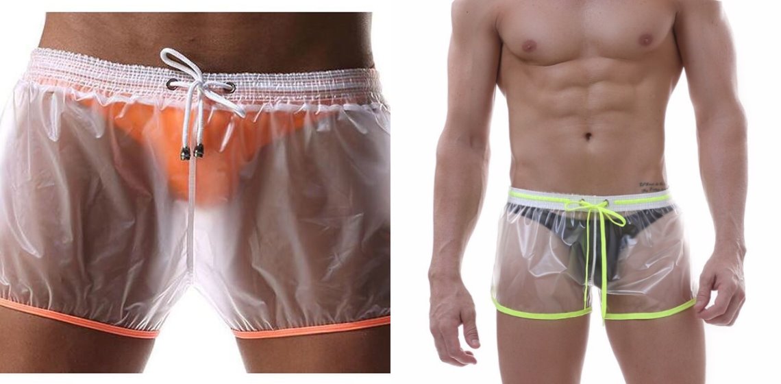 Marca de ropa masculina lanza shorts de plástico transparente para ir a la playa
