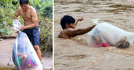 Estos estudiantes de un pueblo de Vietnam tienen que cruzar el río en bolsas de plástico para llegar al colegio