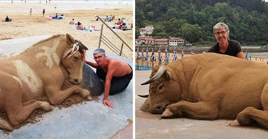 Un artista crea esculturas de arena que lucen muy parecidas a animales reales