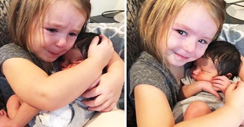 Niña con ojos llorosos reacciona tiernamente mientras carga por primera vez a su prima recién nacida