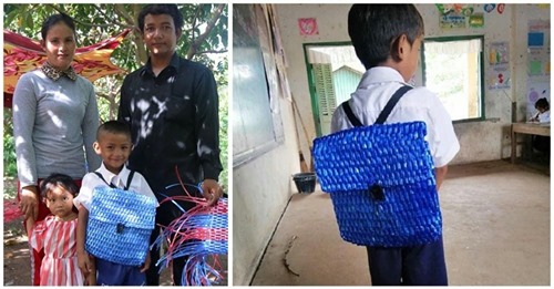 El padre de un niño de 5 años le teje una mochila con sus manos porque no puede comprarle una
