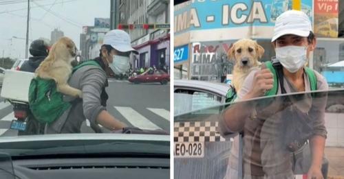 Graban a un joven trabajando duramente en las calles con su cachorrito en la espalda