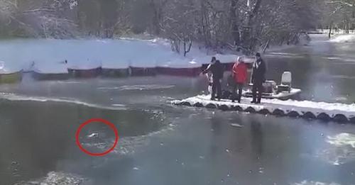 Un hombre salva a un perro de morir ahogado en mitad de un río congelado