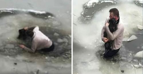 Hombre salta al agua congelada para salvar la vida de un perro