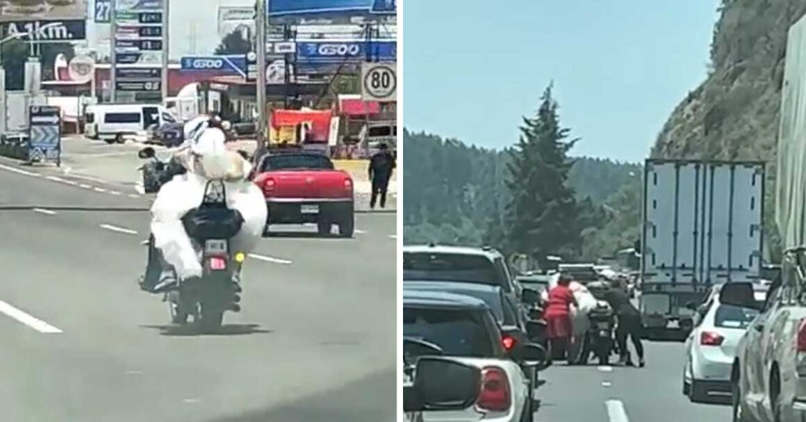 Novia queda atrapada en el tráfico de camino a su boda y motociclista le da aventón (VIDEO)